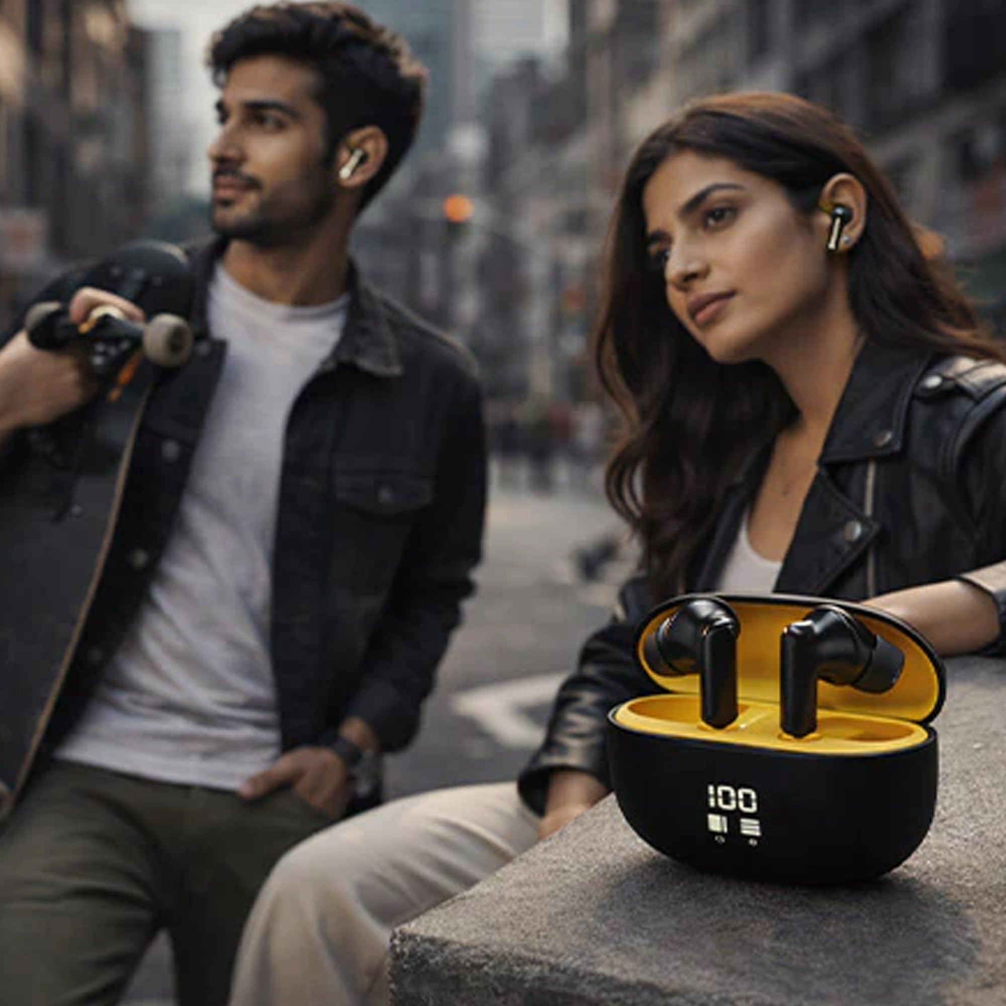 Two users enjoying music with CTRL8 Stereo Sound True Wireless Bluetooth Earbuds-UB featuring a digital display in black and yellow
