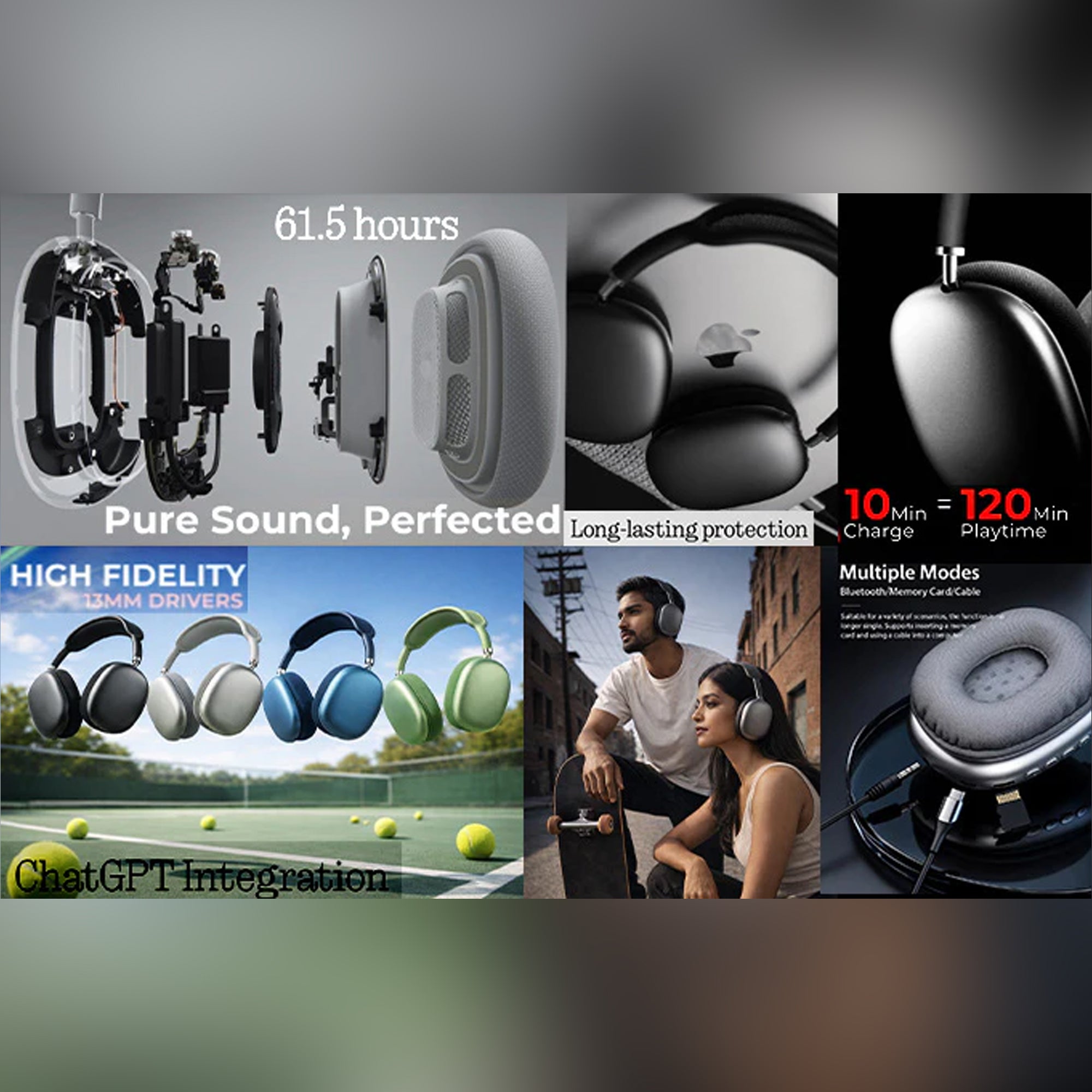 CTRL8 Bluetooth headphones 9P-BM showcasing 61.5 hours battery life, high fidelity sound, and multiple modes.