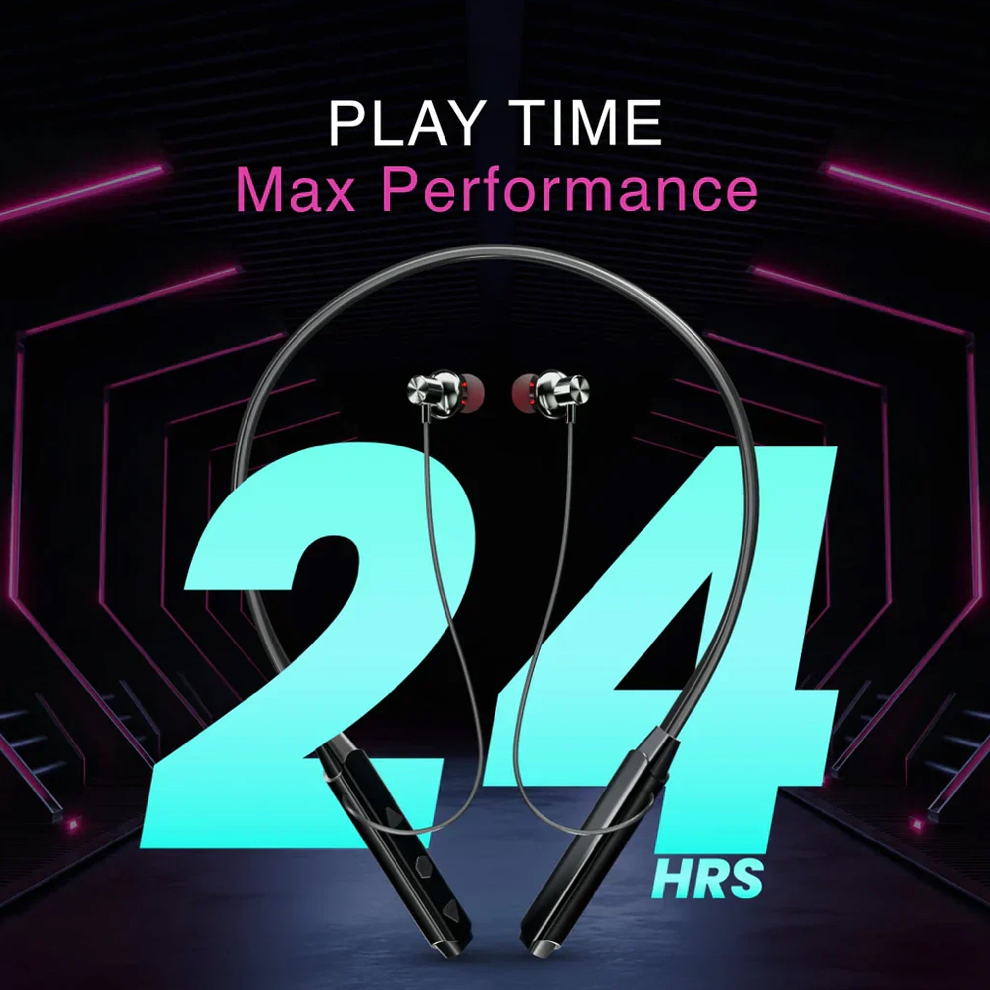 CTRL8 wireless Bluetooth neckband highlighting 24-hour playtime and max performance