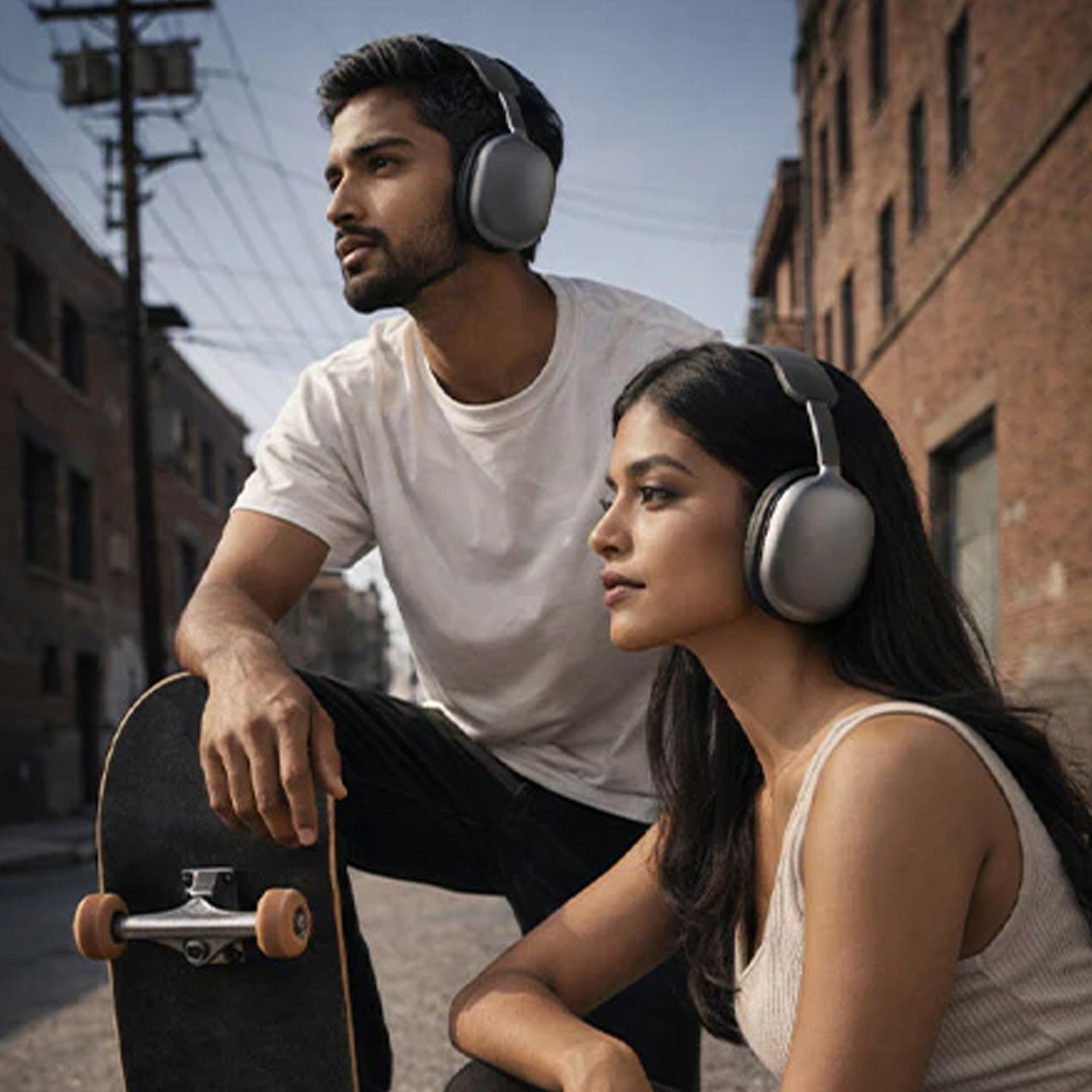 Two users enjoying music with CTRL8 Bluetooth headphones 9P-BM while skateboarding outdoors.