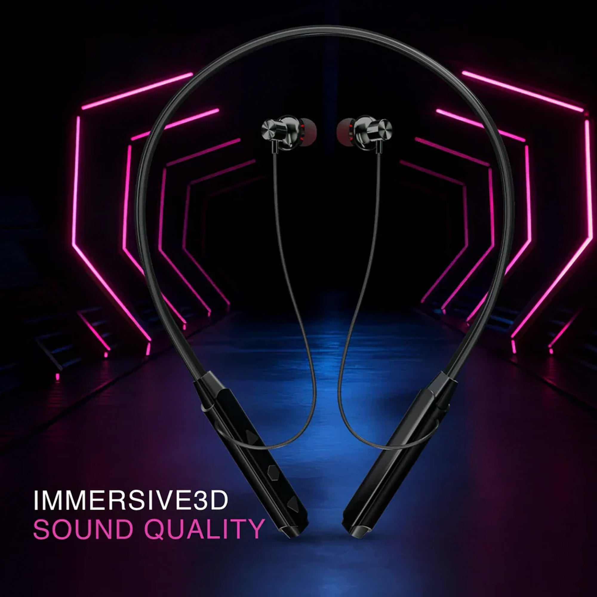 CTRL8 wireless Bluetooth neckband featuring immersive 3D sound quality with sleek black design.