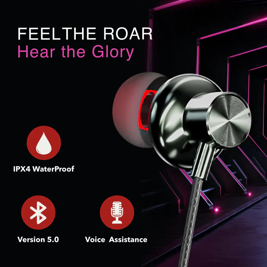 CTRL8 wireless Bluetooth neckband featuring IPX4 waterproof design, Bluetooth 5.0, and voice assistance.