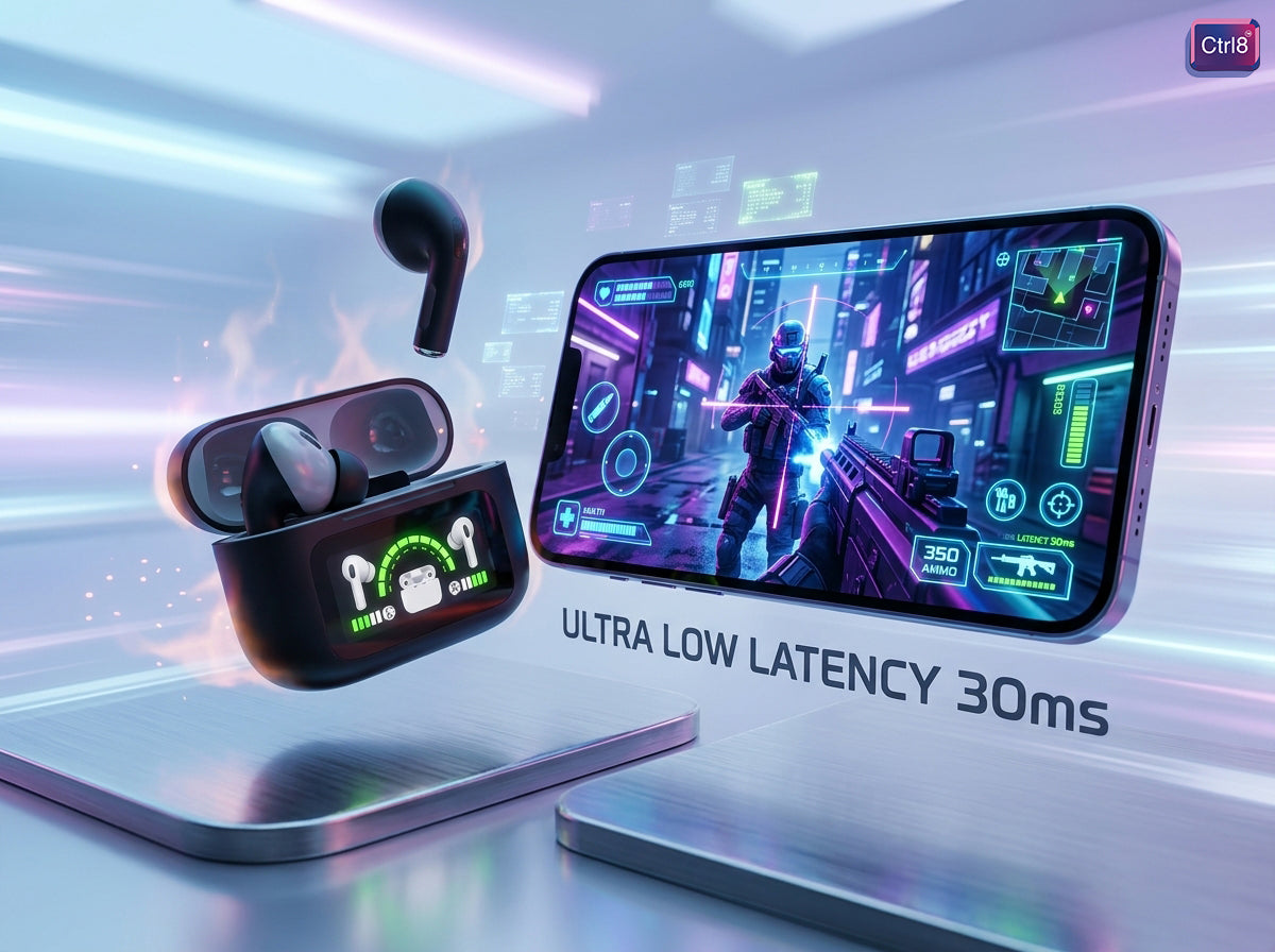 CTRL8 true wireless Bluetooth earbuds featuring ultra-low latency and digital display, ideal for gaming