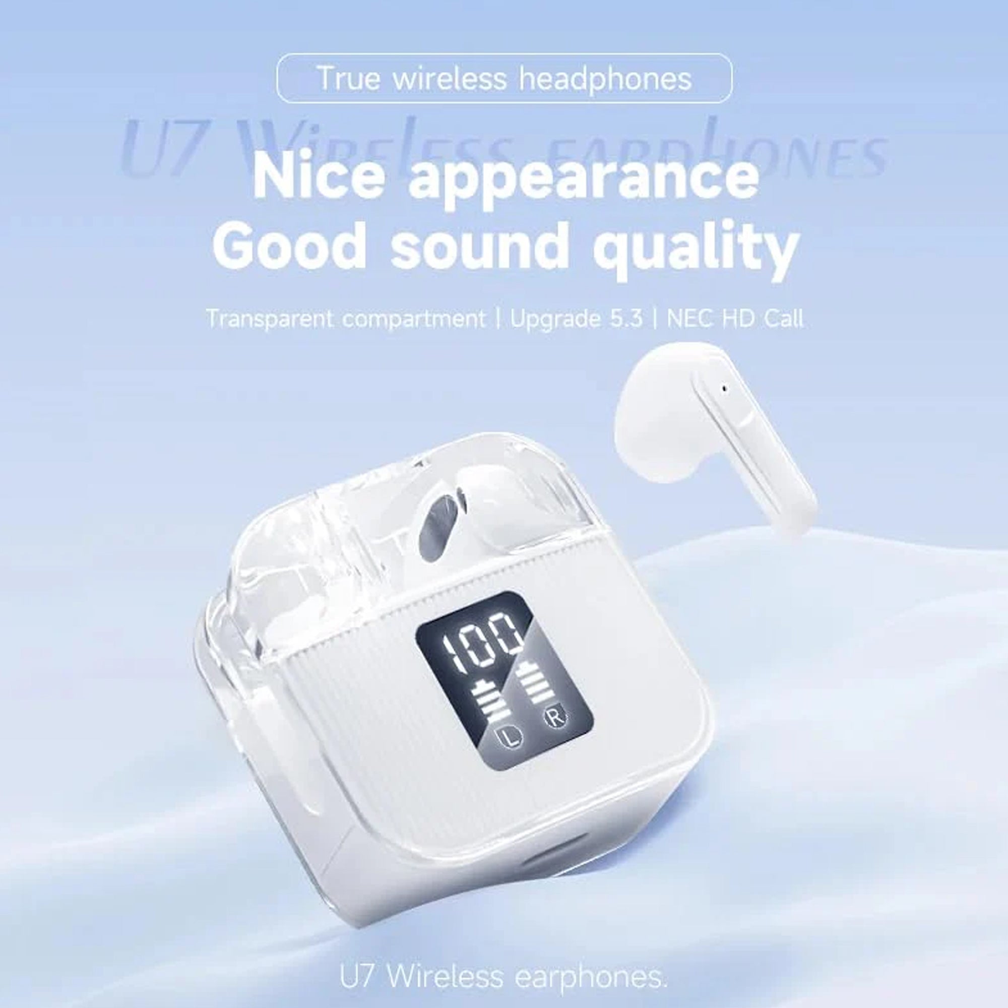 CTRL8 True Wireless Stereo Sound 7 Earbuds featuring LED display and transparent case design with HD sound quality