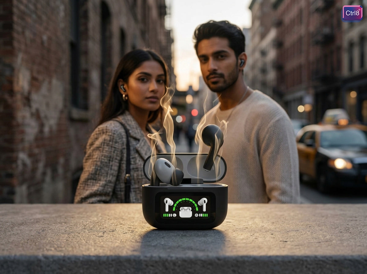 Two users enjoying CTRL8 true wireless Bluetooth earbuds with digital display during an outdoor urban setting