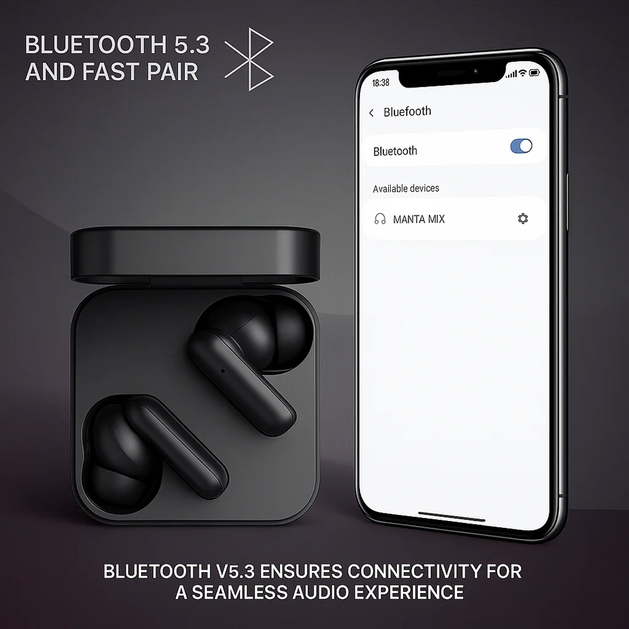 CTRL8 CMT Ultra Pro noise-cancelling earbuds featuring Bluetooth 5.3 and fast pairing technology in black