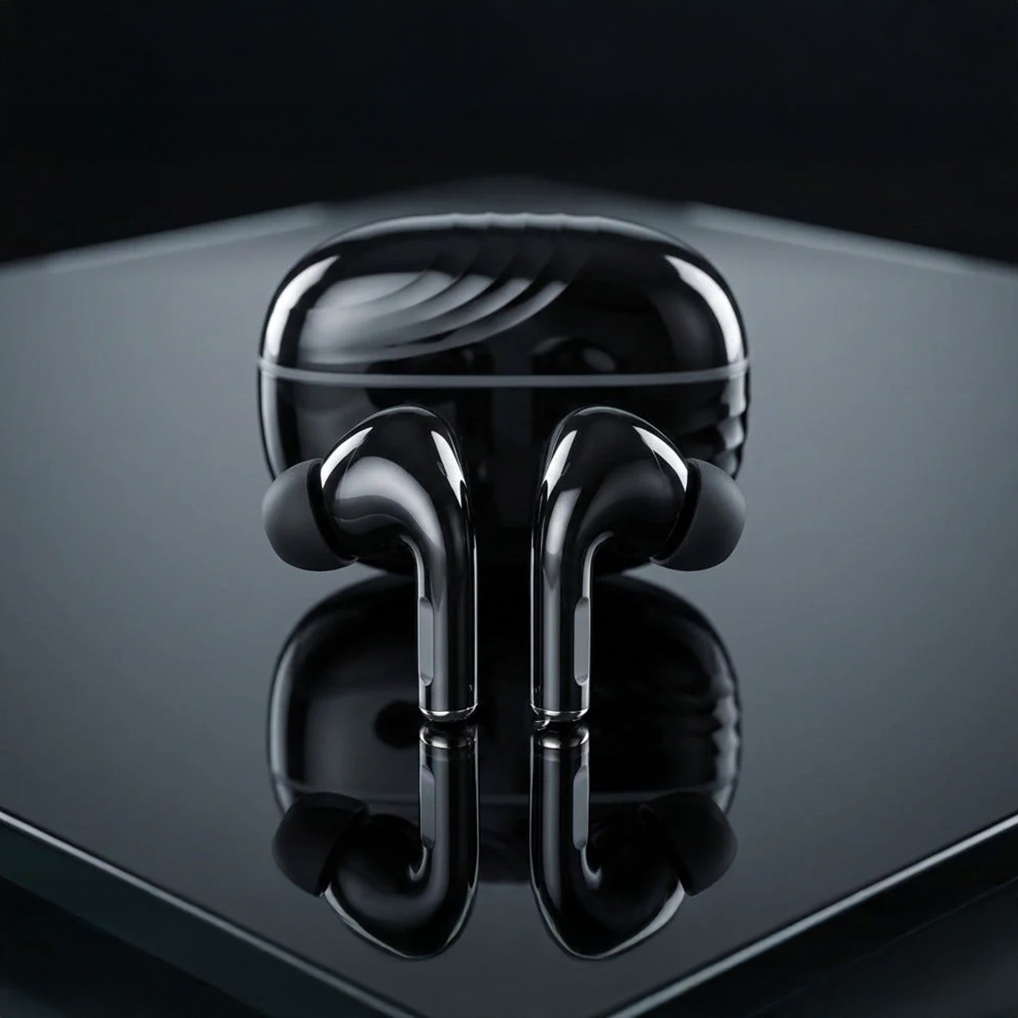 CTRL8 true wireless earbuds with deep bass and quad mic in pure black, paired with a sleek charging case