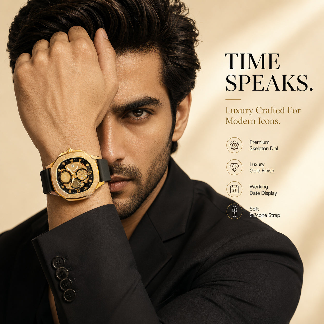 Quad Luxe Skeleton Golden Watch- CHAP-RCS M