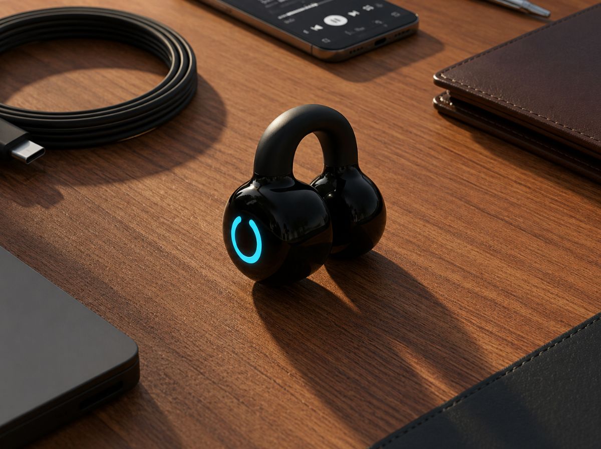 CTRL8 bone conduction single ear clip with sleek design and glowing LED indicator in black