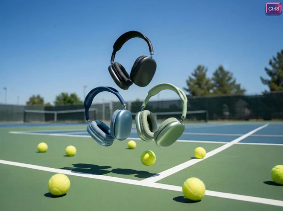 CTRL8 P9 Bluetooth headphones showcased on a tennis court, highlighting wireless versatility and style