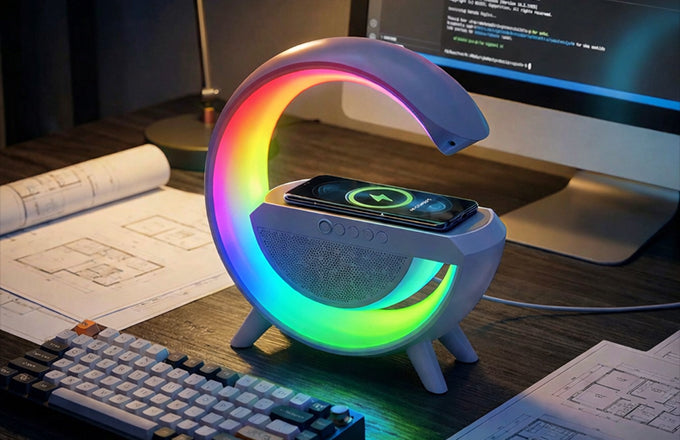 CTRL8 G-Shape Bluetooth Speaker used as a mobile charger and lamp with vibrant RGB lighting in a workspace setup