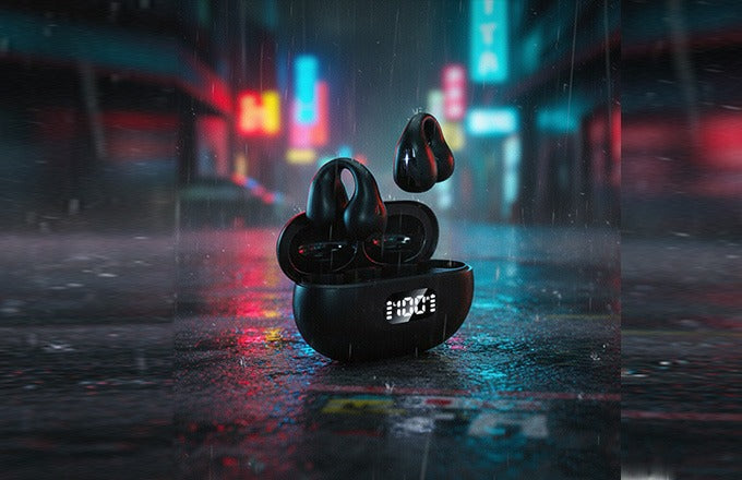 CTRL8 OpenWave Bluetooth Earphones displayed on a wet urban street with glowing LED display and sleek black design