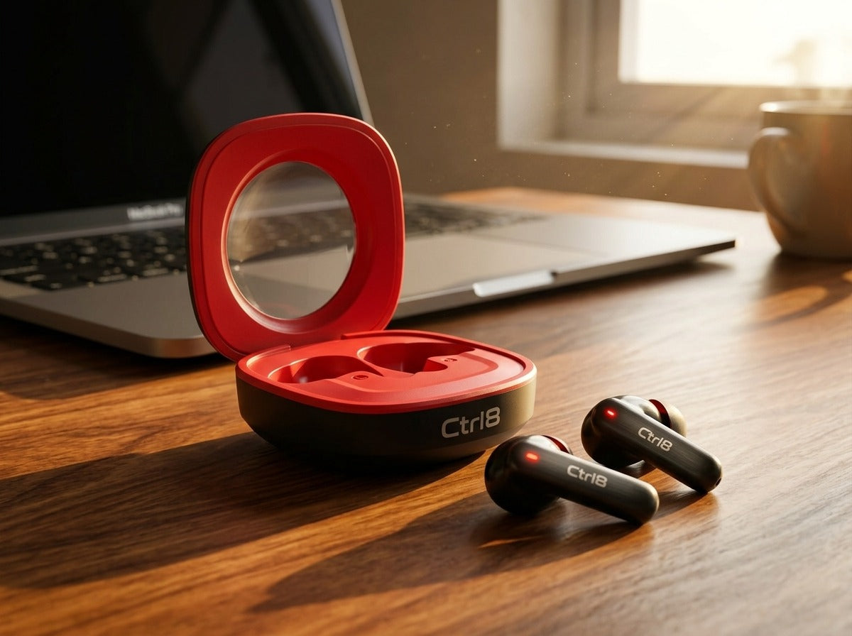 CTRL8 K7 true wireless earbuds with AI ENC technology in black and red design