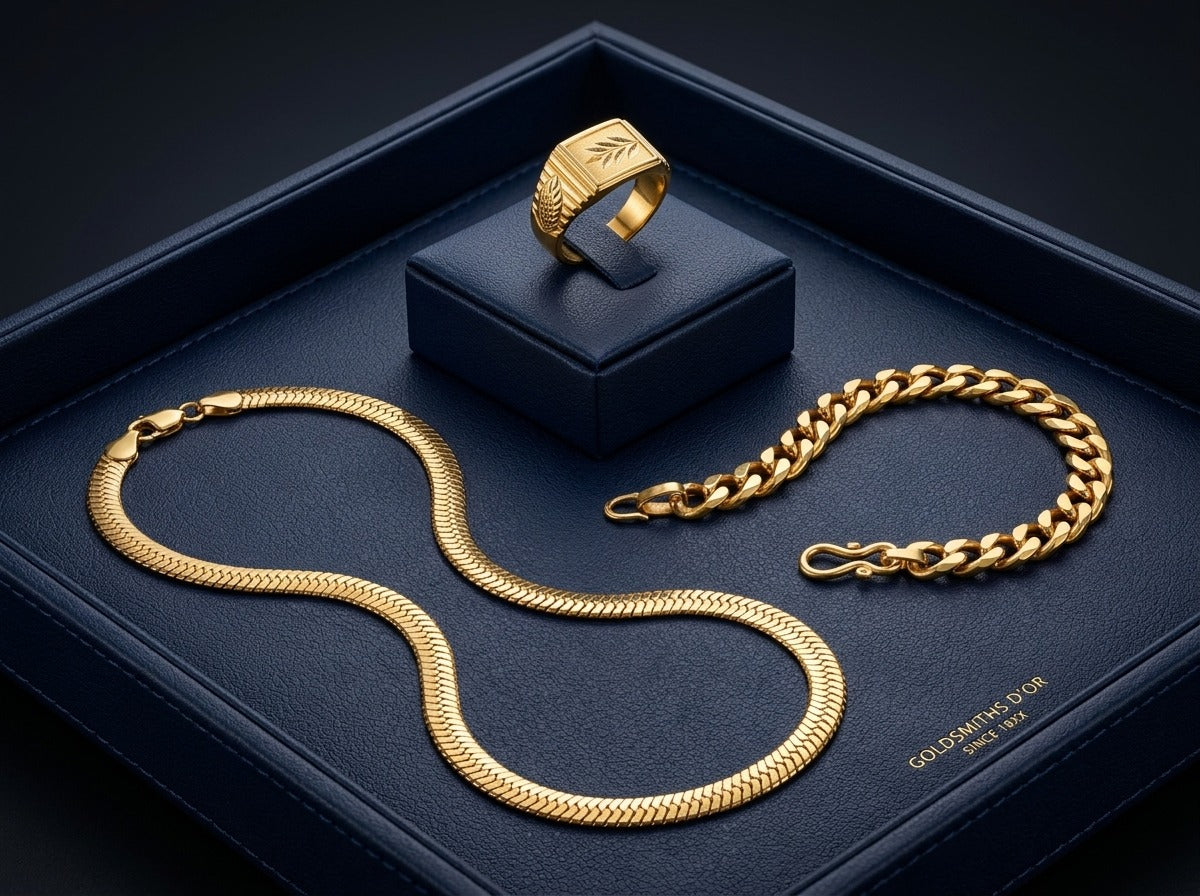 Men's luxury gold trio jewellery set with chain bracelet and ring