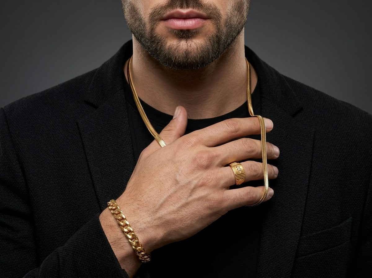 Men's Luxury Gold Trio Set-Chain-Bracelet-Ring-UP