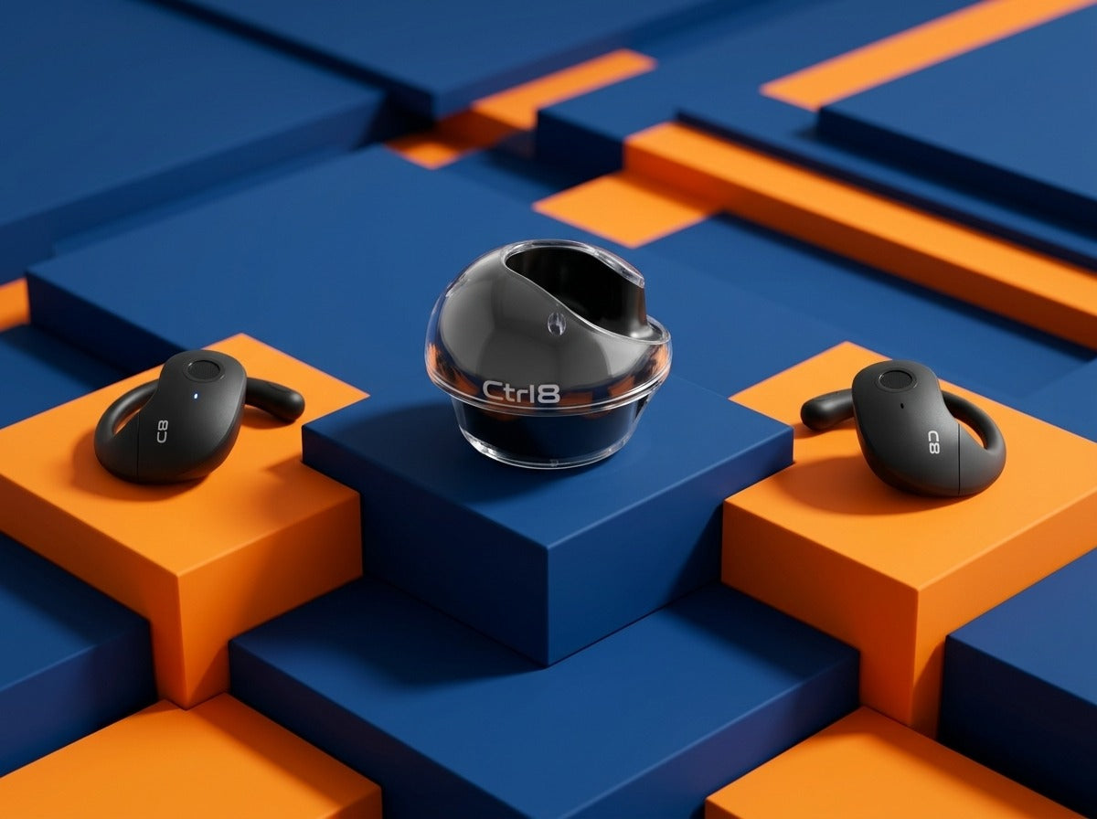 CTRL8 T2 over-the-ear earbuds with compact charging case on geometric blue and orange background