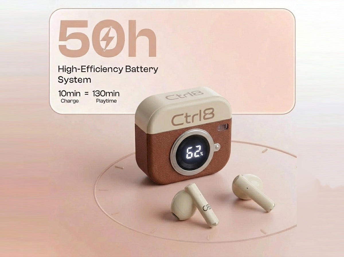 CTRL8 Retro Camera Design Portable TWS Wireless Earbuds featuring 50-hour battery life and digital display