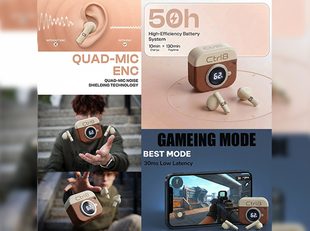 CTRL8 Retro Camera Design Portable TWS Wireless Earbuds featuring quad-mic ENC, 50-hour battery life, and gaming mode with low latency
