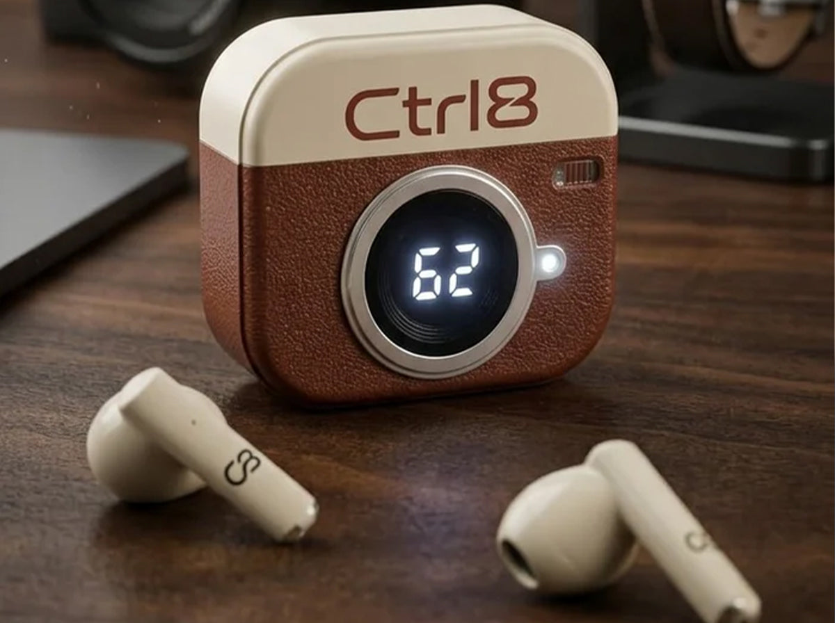 CTRL8 Retro Camera Design Portable TWS Wireless Earbuds with digital battery display and unique case design