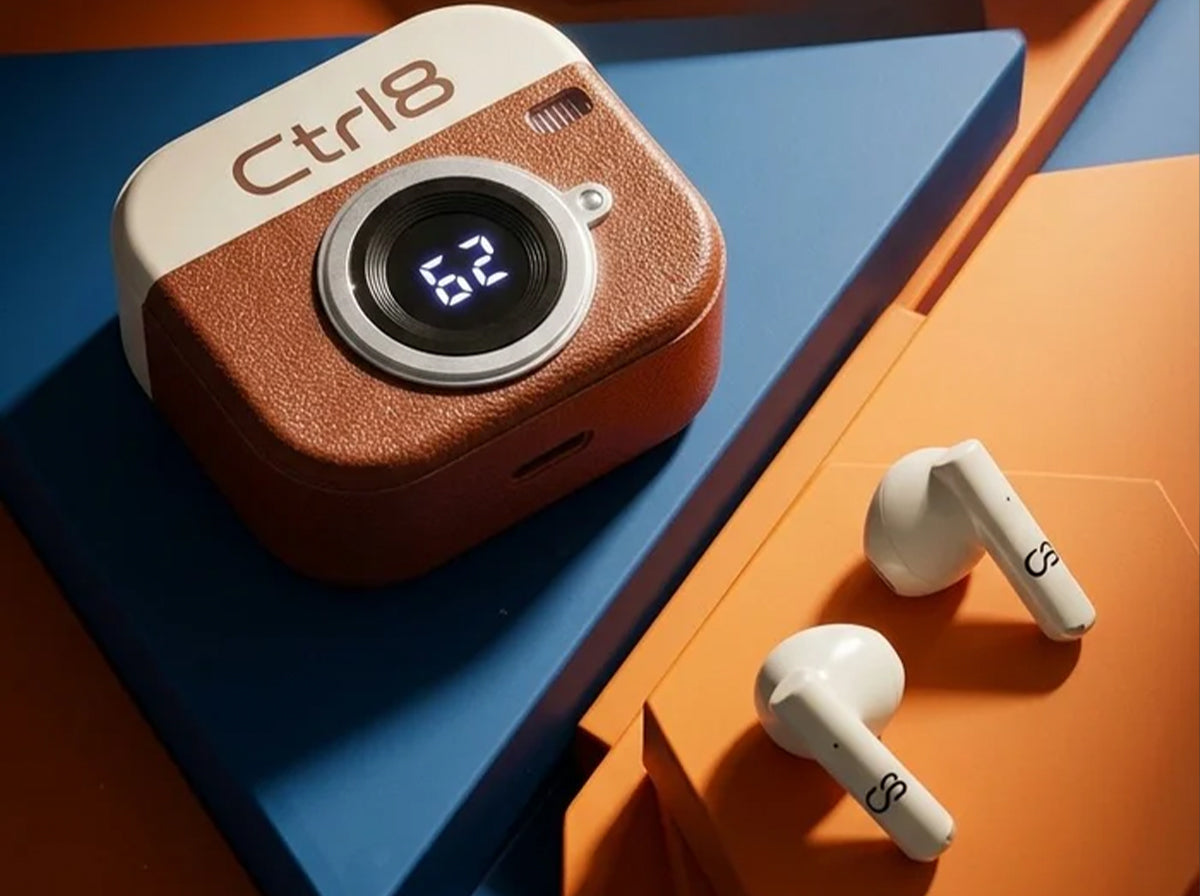 CTRL8 Retro Camera Design Portable TWS Wireless Earbuds with digital battery display and unique brown case