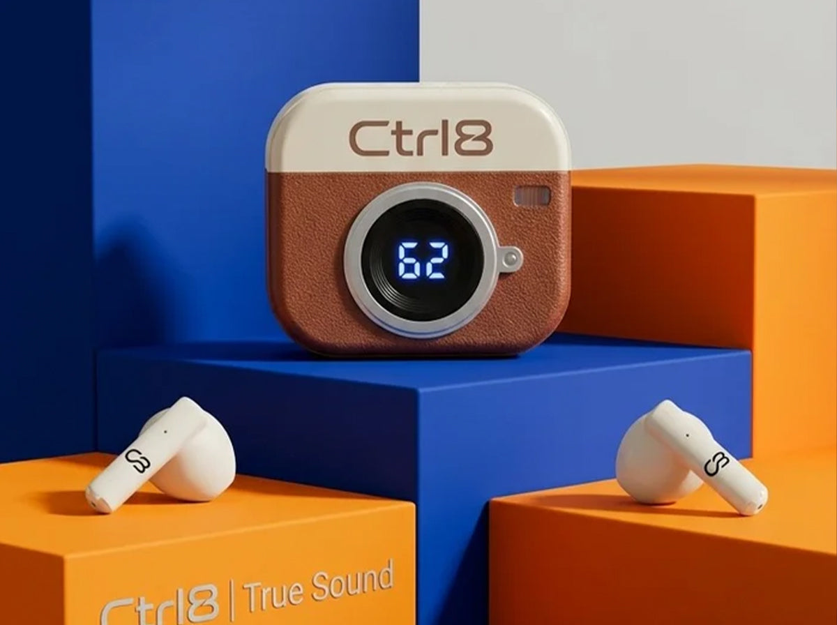 CTRL8 Retro Camera Design Portable TWS Wireless Earbuds with battery display and stylish case