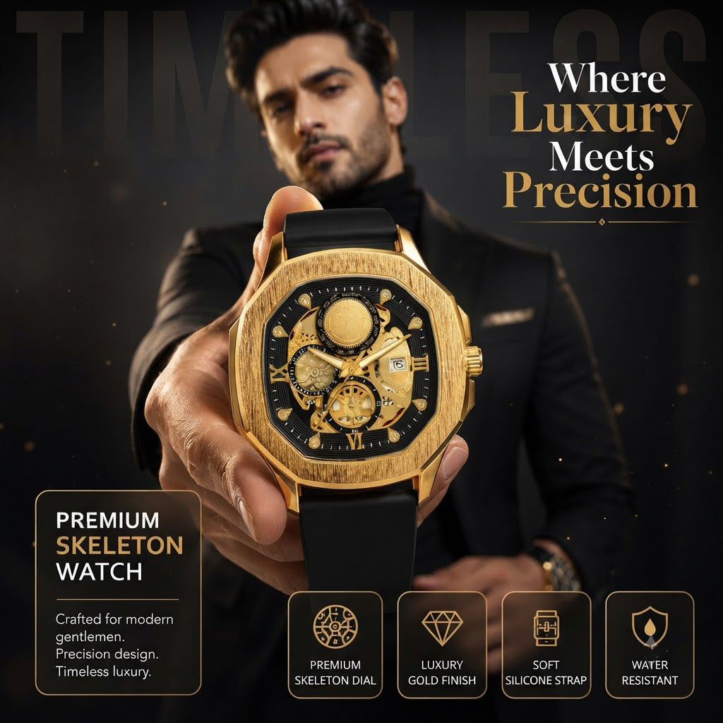 Quad Luxe Skeleton Golden Watch- CHAP-RCS M