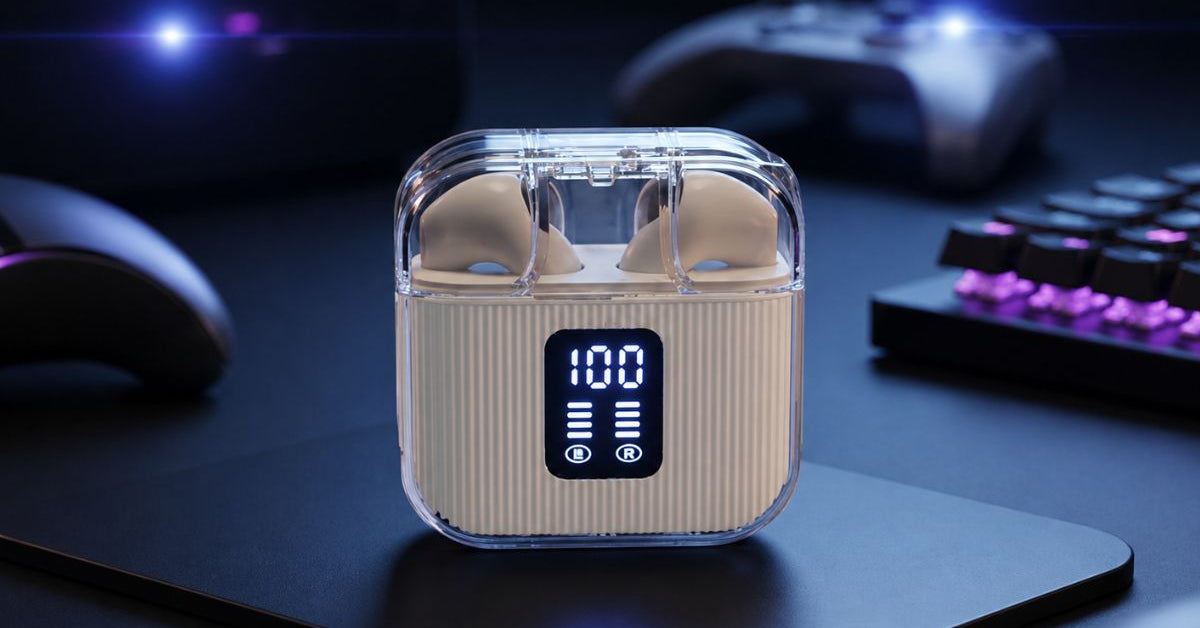 1. CTRL8 Earbuds displayed on a table with a smartphone.