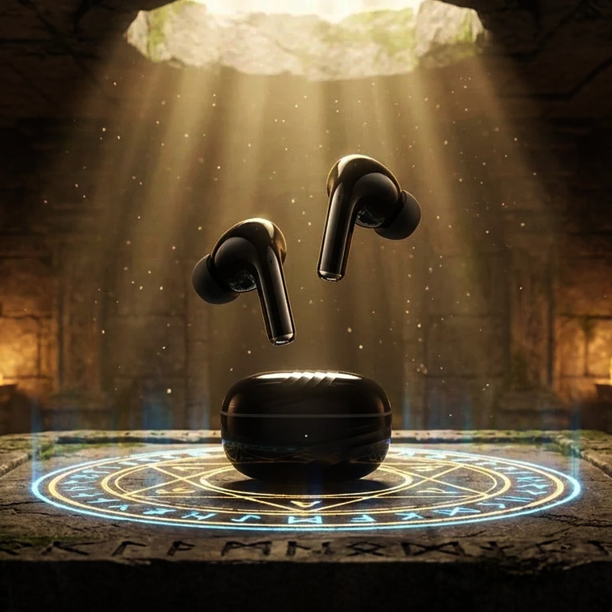 CTRL8 true wireless earbuds in pure black featuring a mystical design with glowing symbols, emphasizing deep bass and quad mic
