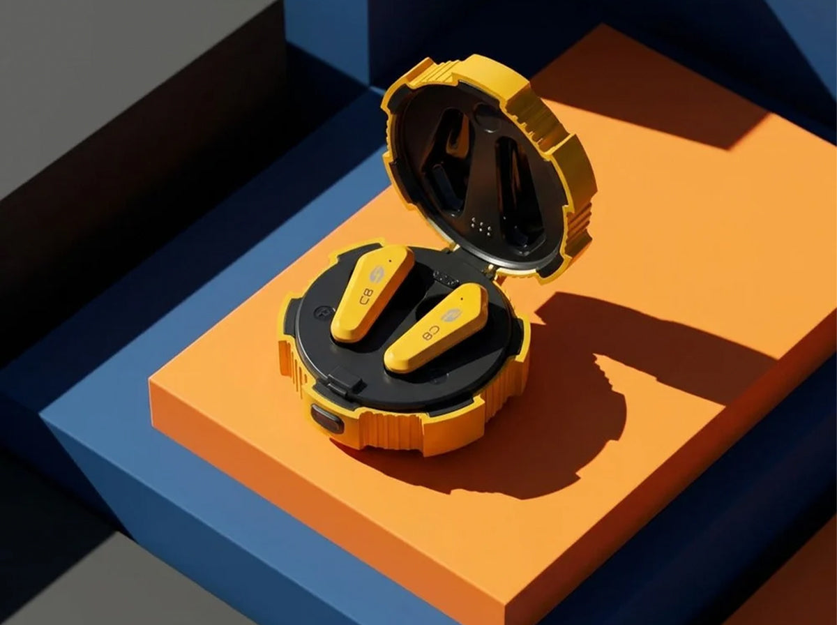 CTRL8 X35 true wireless earbuds with rugged design and compact charging case in yellow
