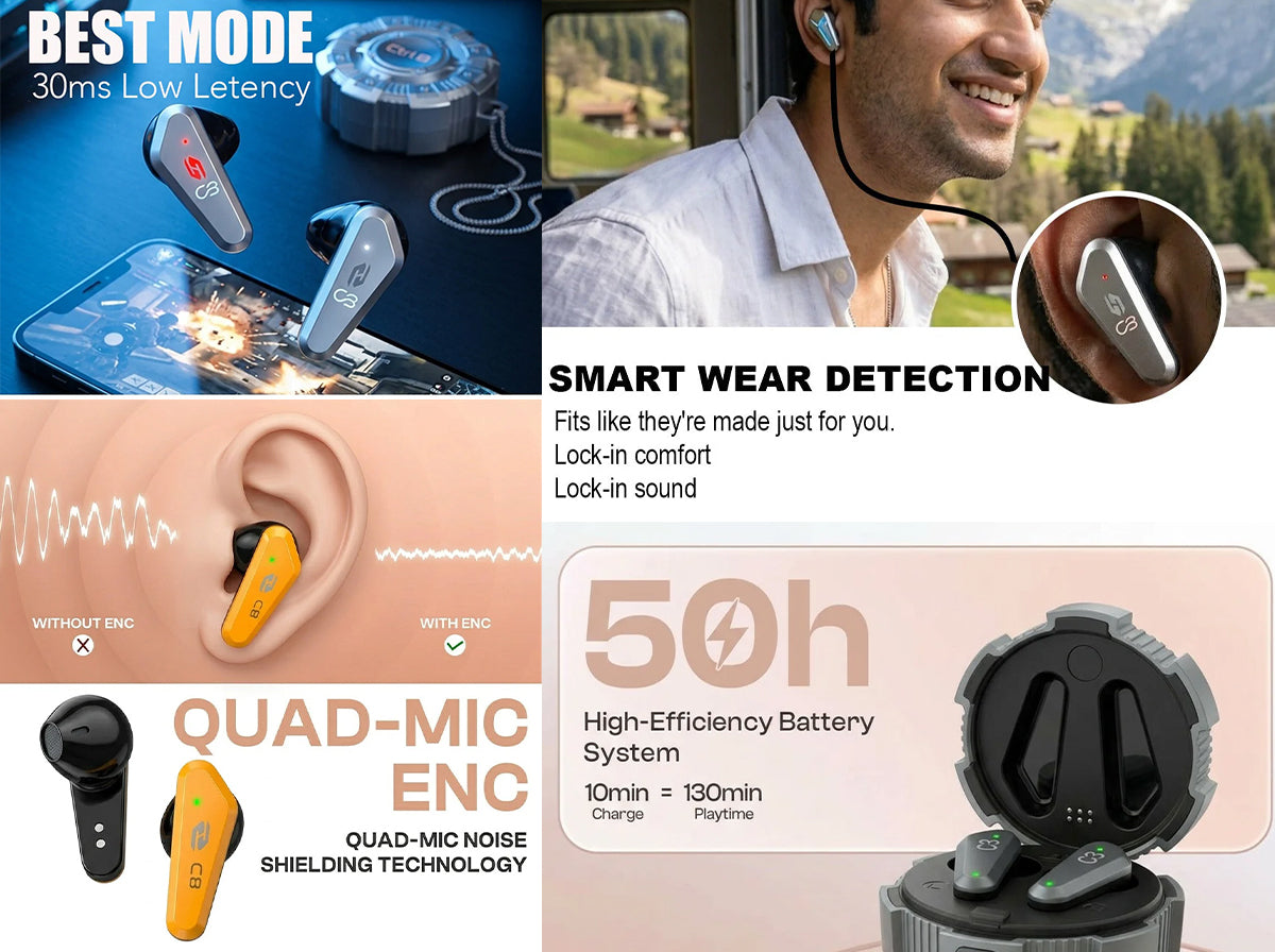 CTRL8 X35 true wireless earbuds featuring quad-mic ENC and 50-hour battery life in yellow and silver