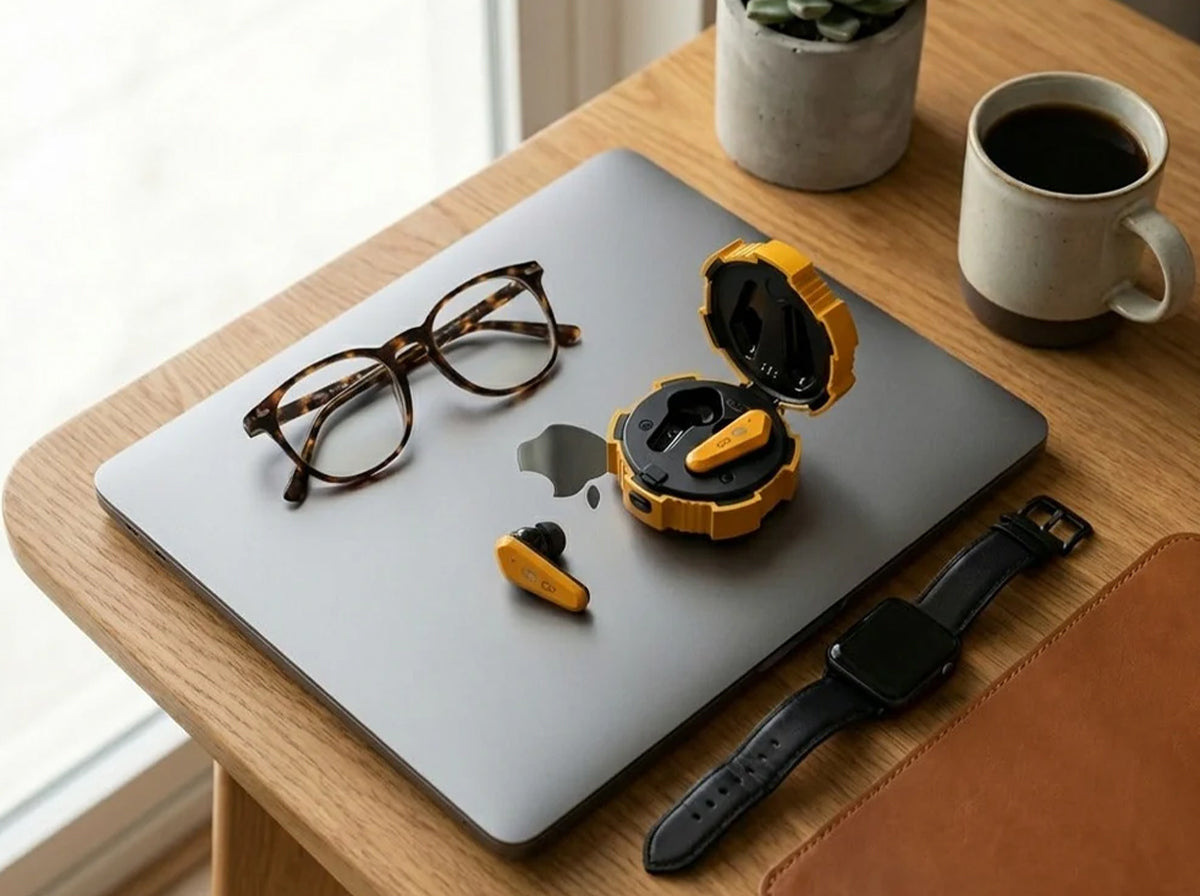 CTRL8 X35 true wireless earbuds in yellow placed on a desk with a laptop, coffee, and accessories