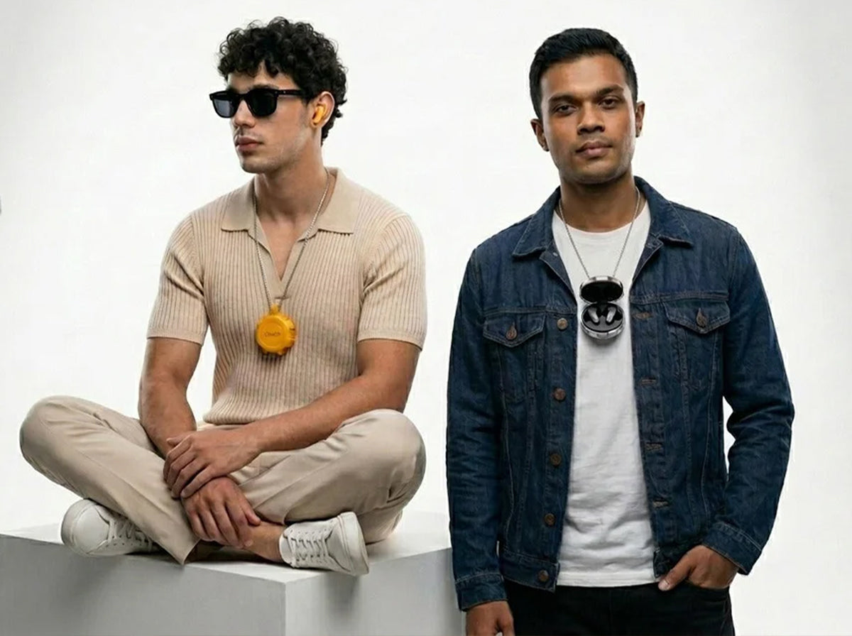 Two users showcasing CTRL8 X35 true wireless earbuds in yellow and silver with portable charging cases worn as accessories.