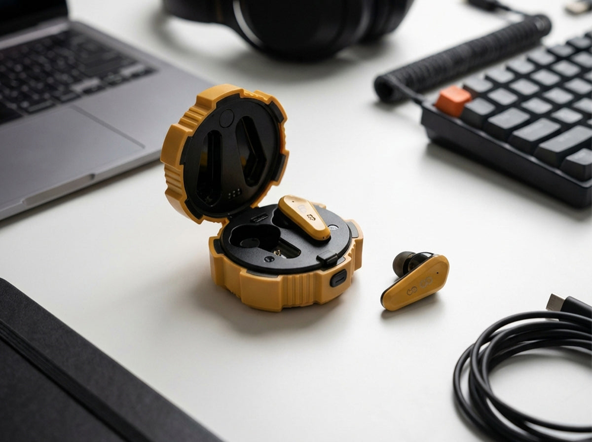 CTRL8 X35 true wireless earbuds in yellow with rugged charging case on a desk alongside a laptop, keyboard, and cables