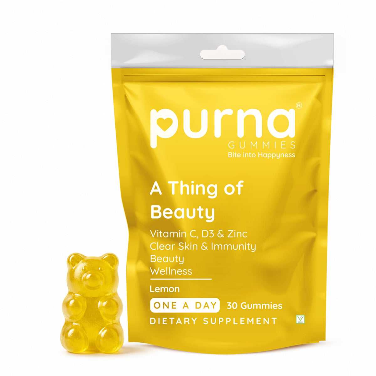 Purna Vitamin C Gummies – Lemon Flavor | Vitamin C, D3 & Zinc for Skin & Immunity | 30 Vegan Gummies-UP