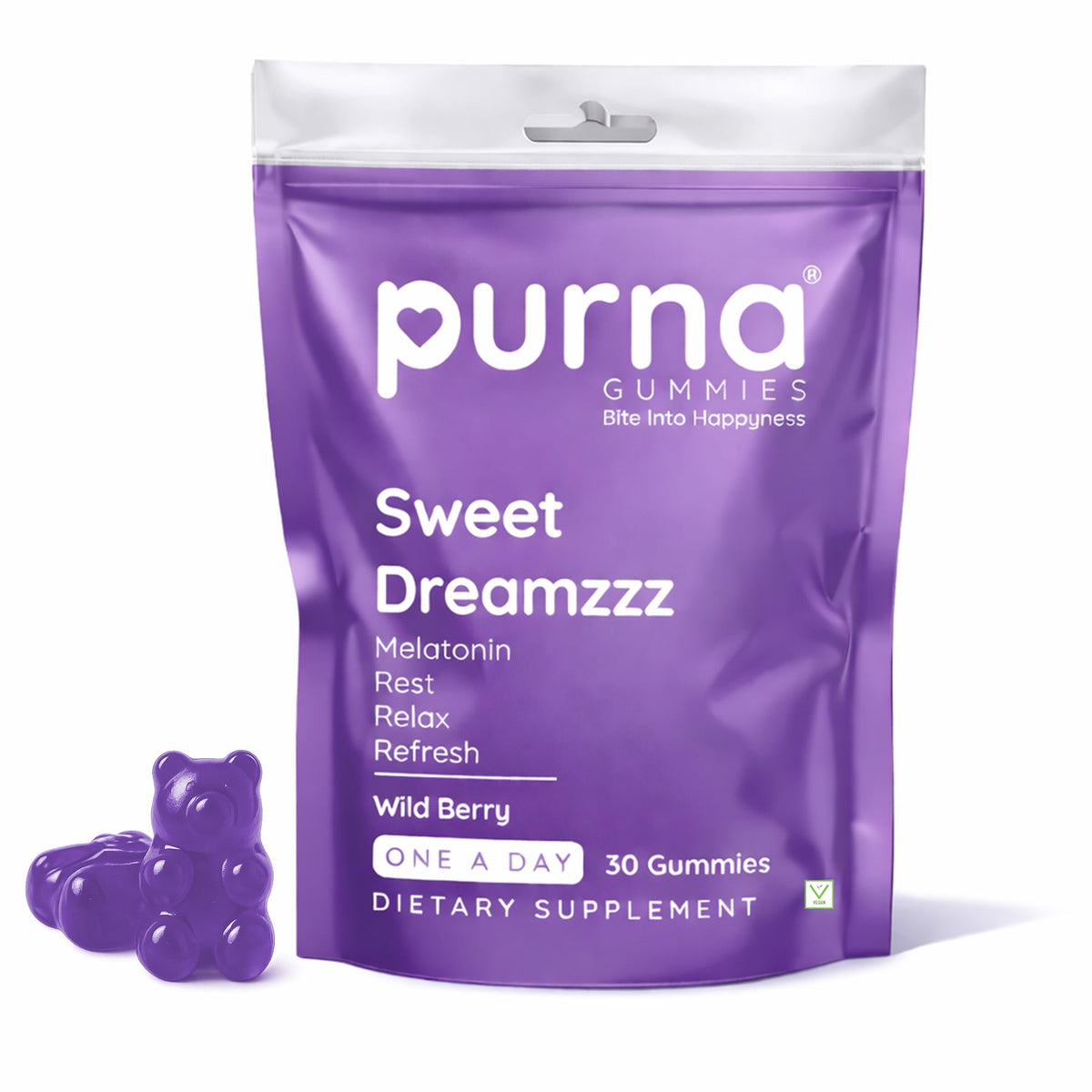 Purna Melatonin Gummies – Wild Berry Flavor | Better Sleep & Relaxation | 30 Vegan Gummies-UP