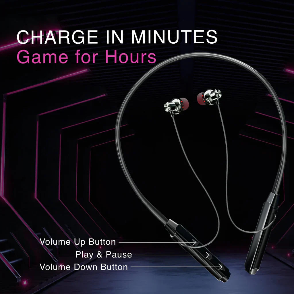 CTRL8 wireless Bluetooth neckband showcasing fast Type-C charging and deep bass sound for extended playtime.