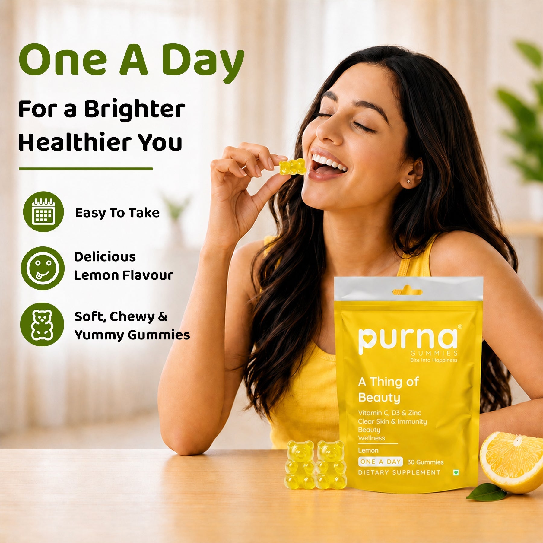 Purna Vitamin C Gummies – Lemon Flavor | Vitamin C, D3 & Zinc for Skin & Immunity | 30 Vegan Gummies-UP