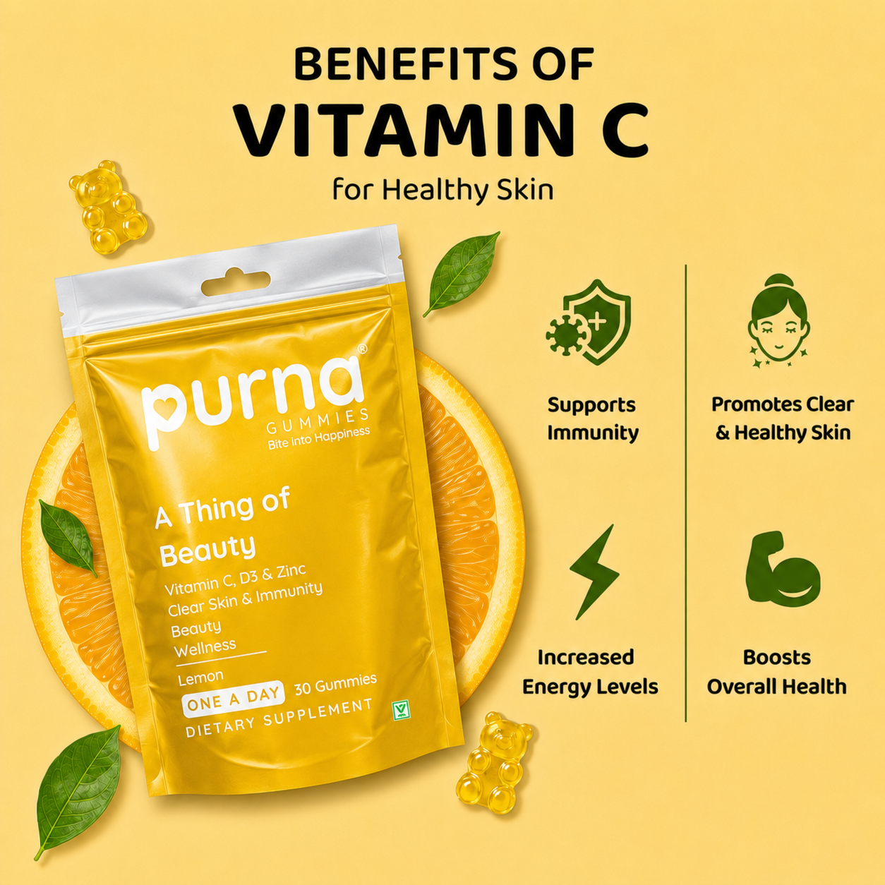 Purna Vitamin C Gummies – Lemon Flavor | Vitamin C, D3 & Zinc for Skin & Immunity | 30 Vegan Gummies-UP