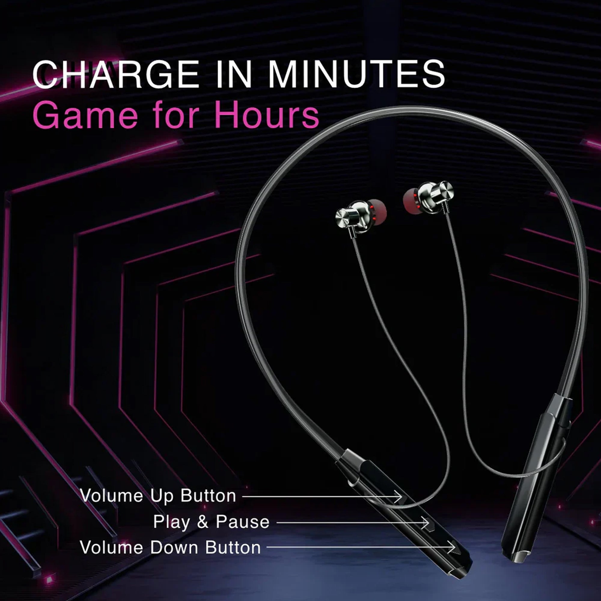 CTRL8 wireless Bluetooth neckband featuring quick charging and long playtime with ergonomic button controls.