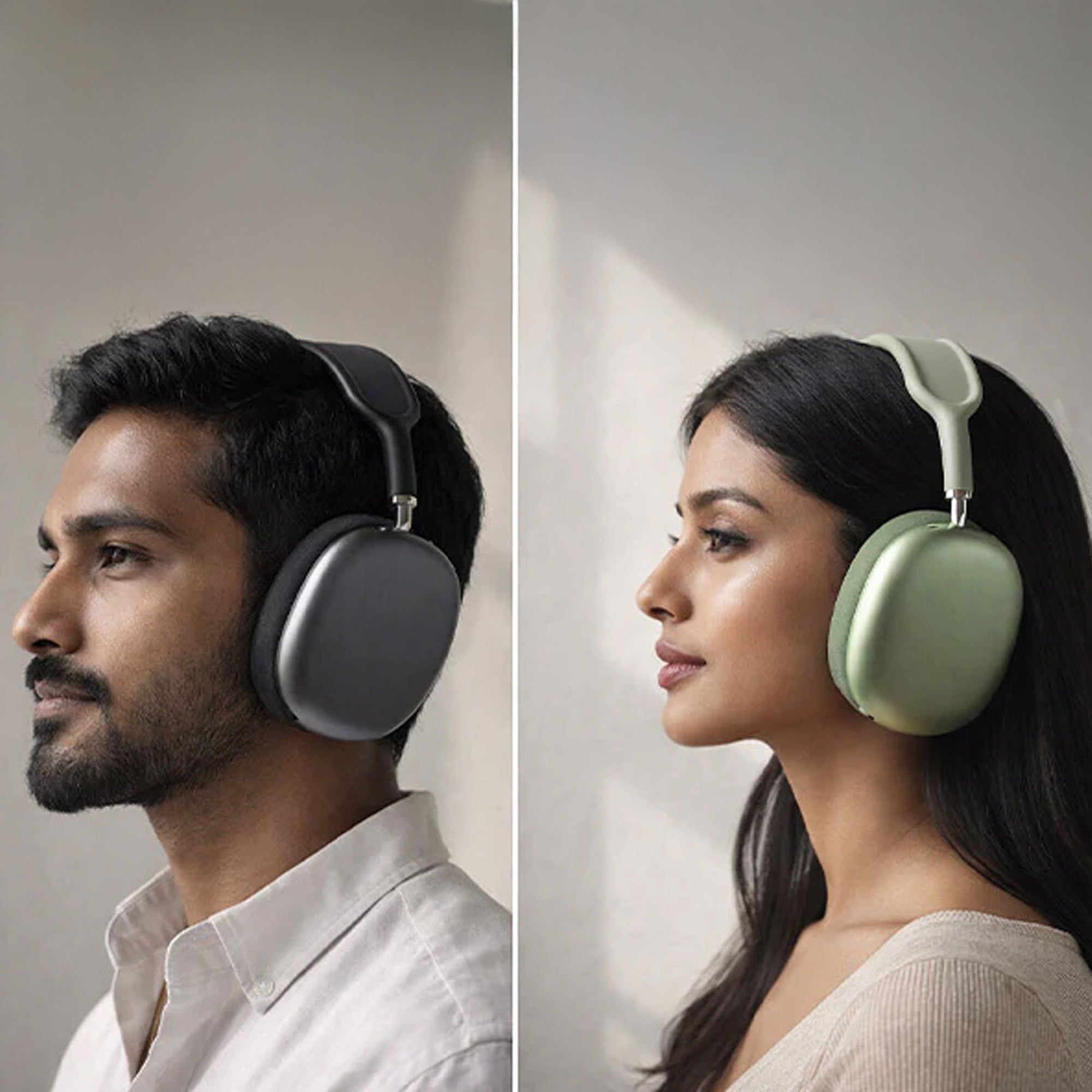 Two users wearing CTRL8 Bluetooth headphones 9P-BM in different colors, enjoying immersive sound indoors.