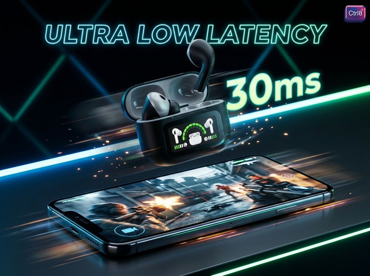 CTRL8 true wireless Bluetooth earbuds showcasing ultra-low latency of 30ms with digital display, perfect for gaming