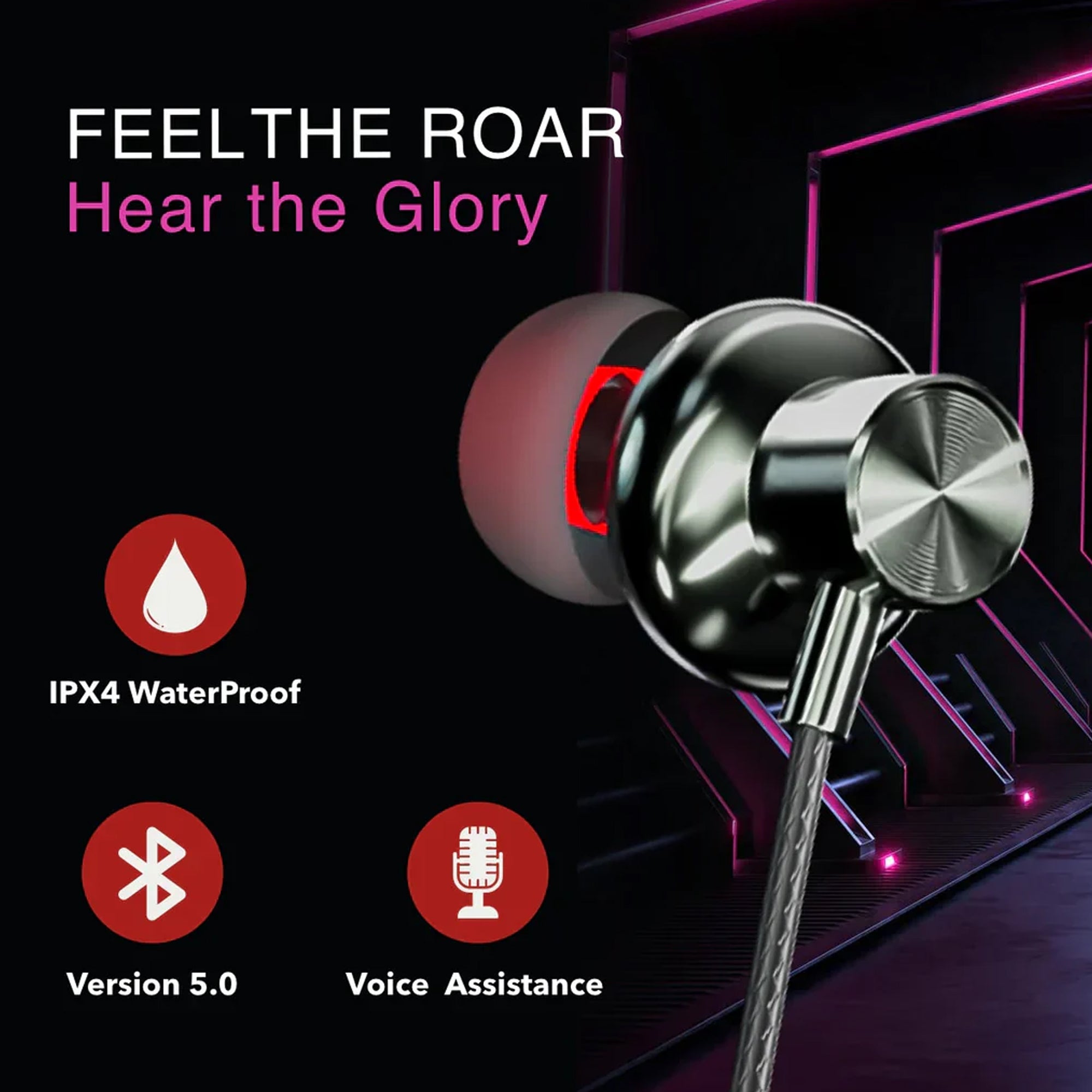CTRL8 wireless Bluetooth neckband featuring IPX4 waterproof design, Bluetooth 5.0, and voice assistance.
