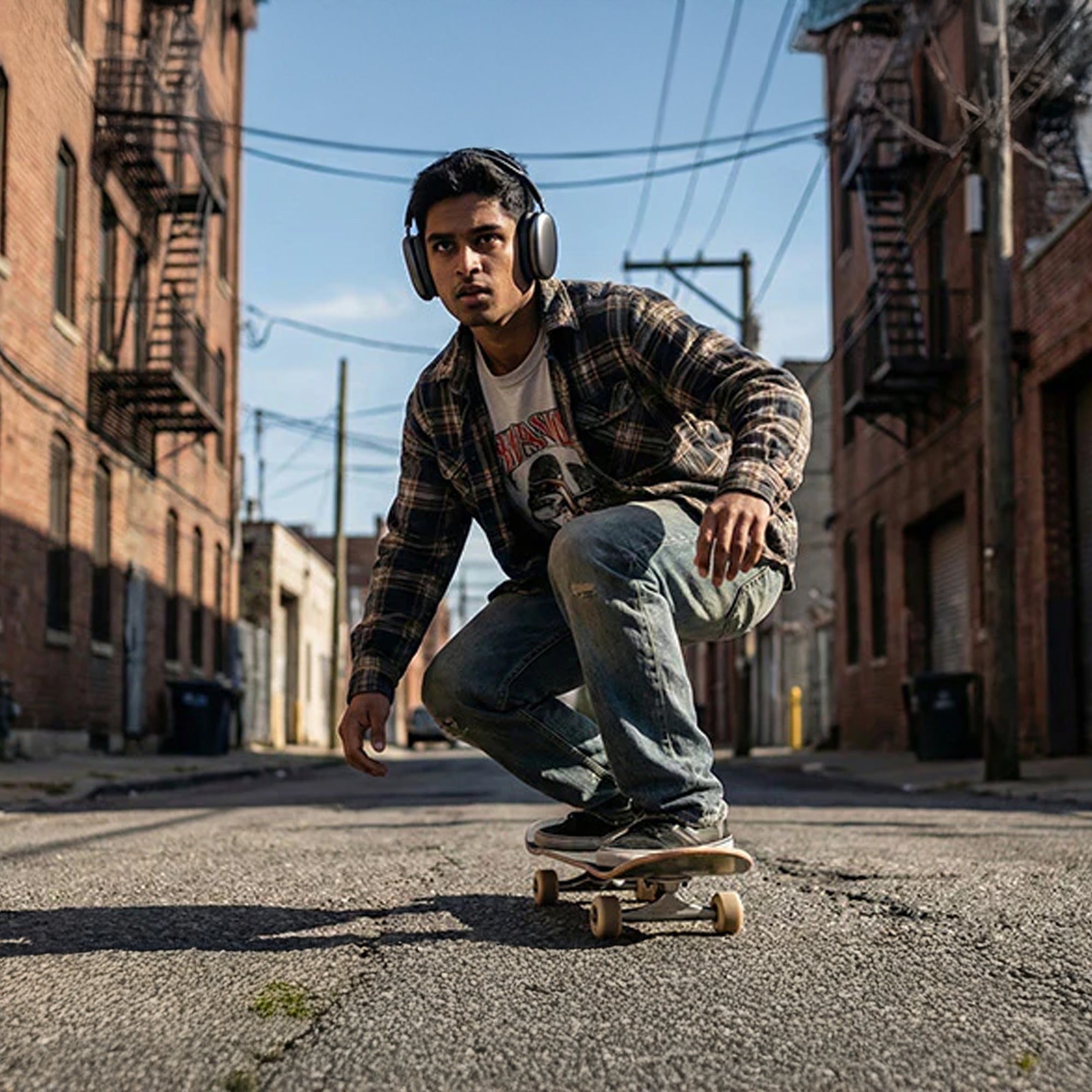 A skateboarder wearing CTRL8 Bluetooth headphones 9P-BM, enjoying music in an urban setting.