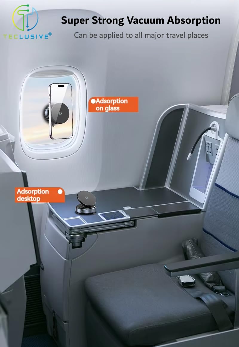 CTRL8 360 Magnetic Mobile Phone Holder showcasing vacuum suction for glass and desktop surfaces in a travel setting