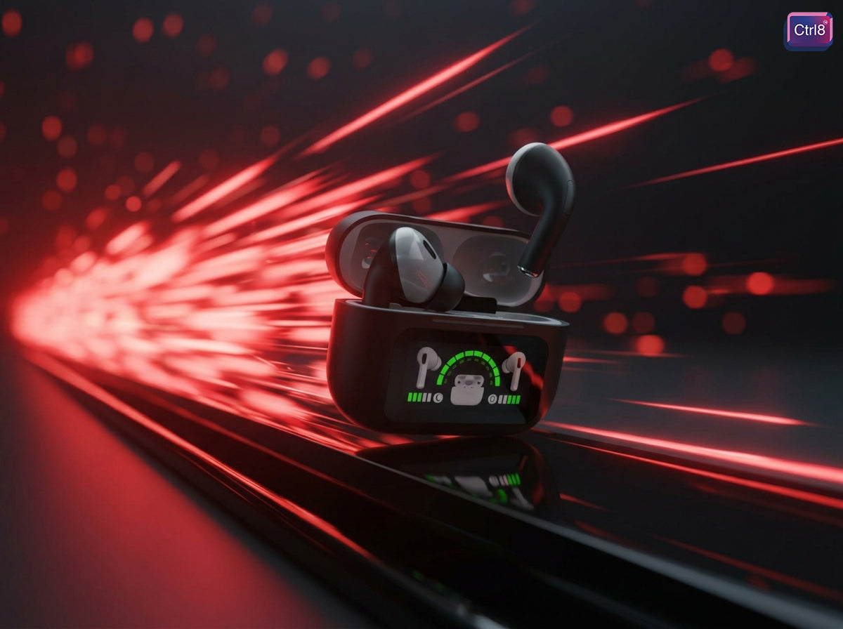 CTRL8 true wireless Bluetooth earbuds with digital display and ultra-low latency, highlighted against a dynamic red streak background