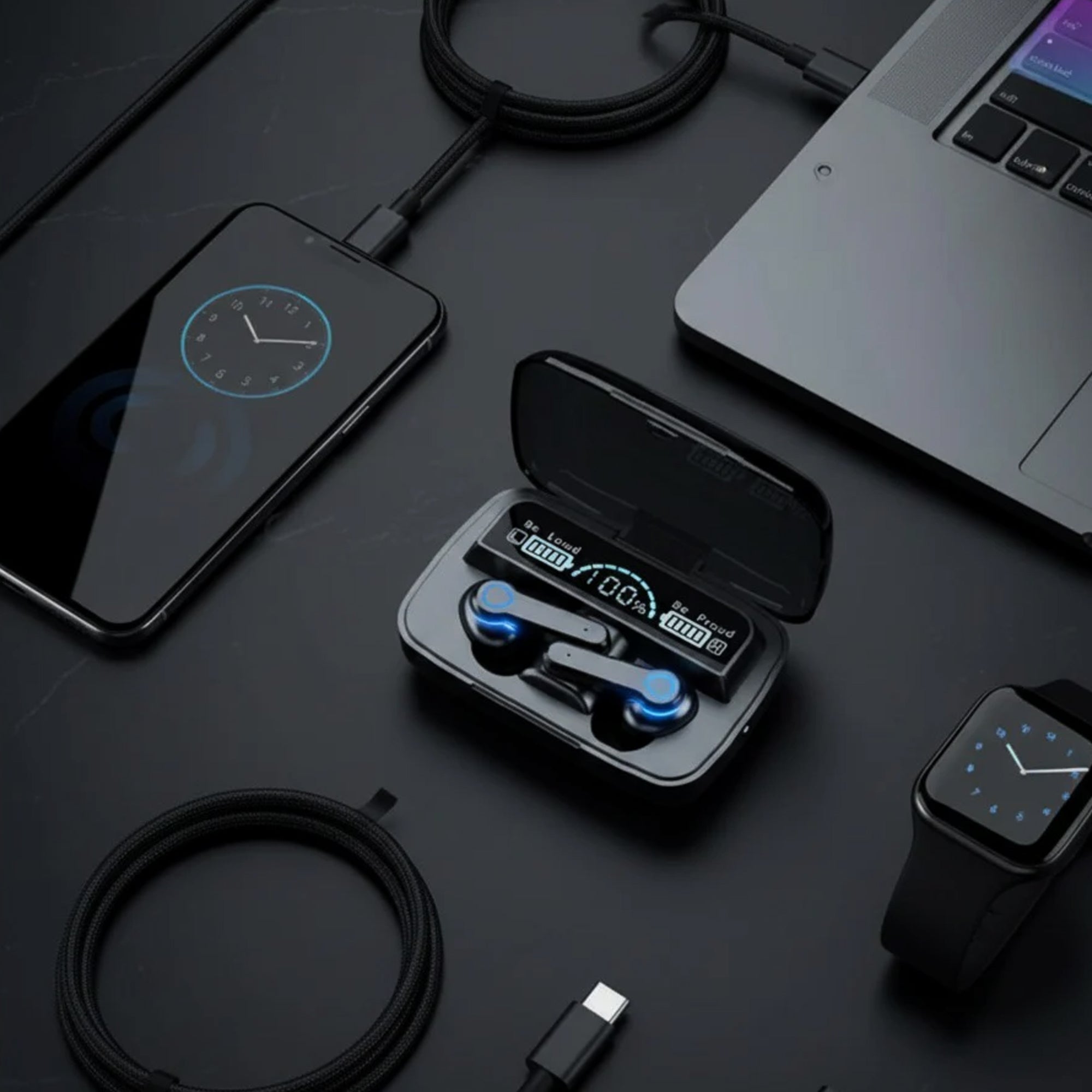 CTRL8 UltraBass M19 true wireless gaming earbuds with LED display placed alongside tech gadgets on a desk