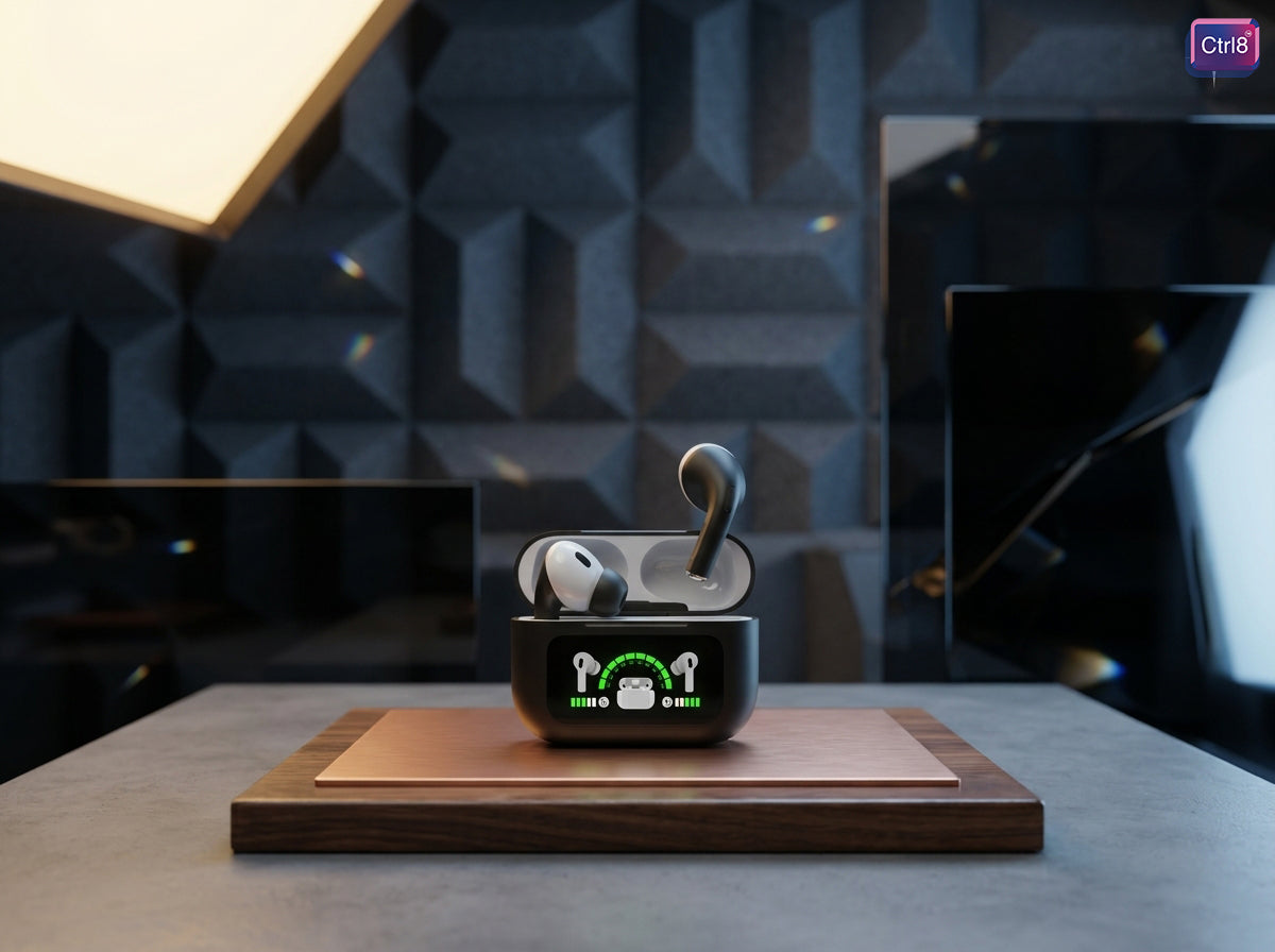 CTRL8 true wireless Bluetooth earbuds with digital display in Black variant on a modern tabletop