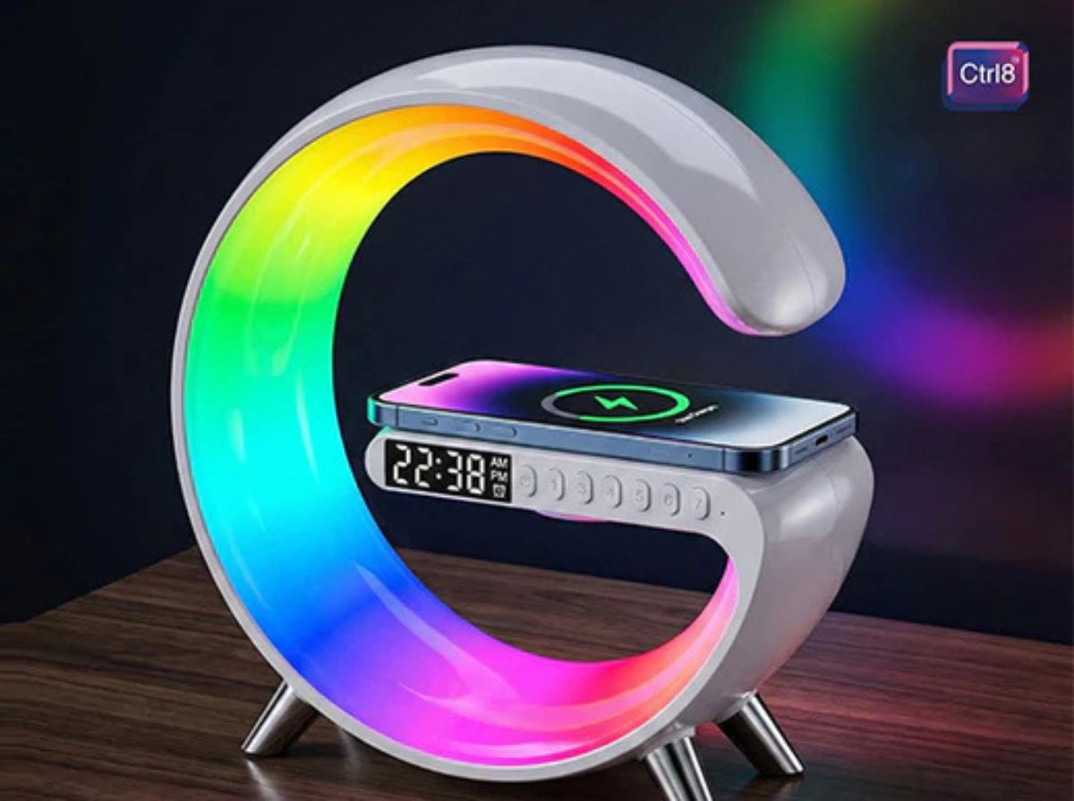 CTRL8 G-Shape Bluetooth Speaker with mobile charger and lamp featuring vibrant LED lighting