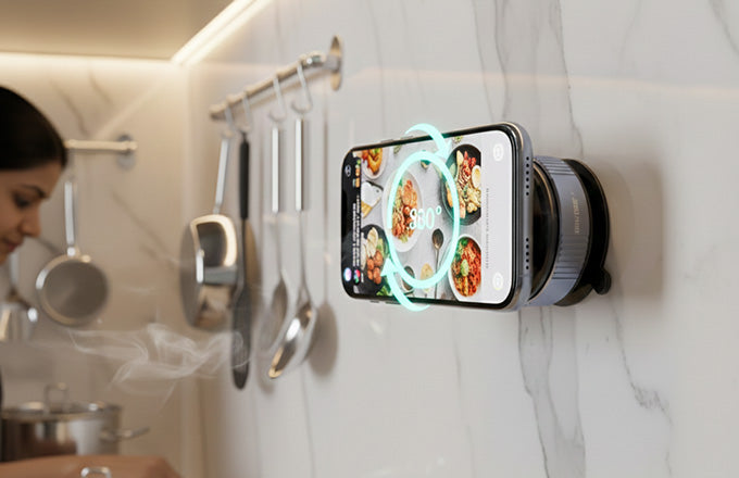 CTRL8 360 Magnetic Mobile Phone Holder used in a kitchen setting for hands-free recipe viewing