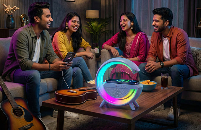 Group of friends enjoying music and charging devices with the CTRL8 G-Shape Bluetooth Speaker featuring vibrant RGB lighting in a living room setting